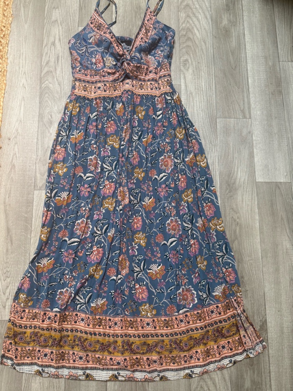 Boho Floral Maxi Dress in Slate Blue and Peach